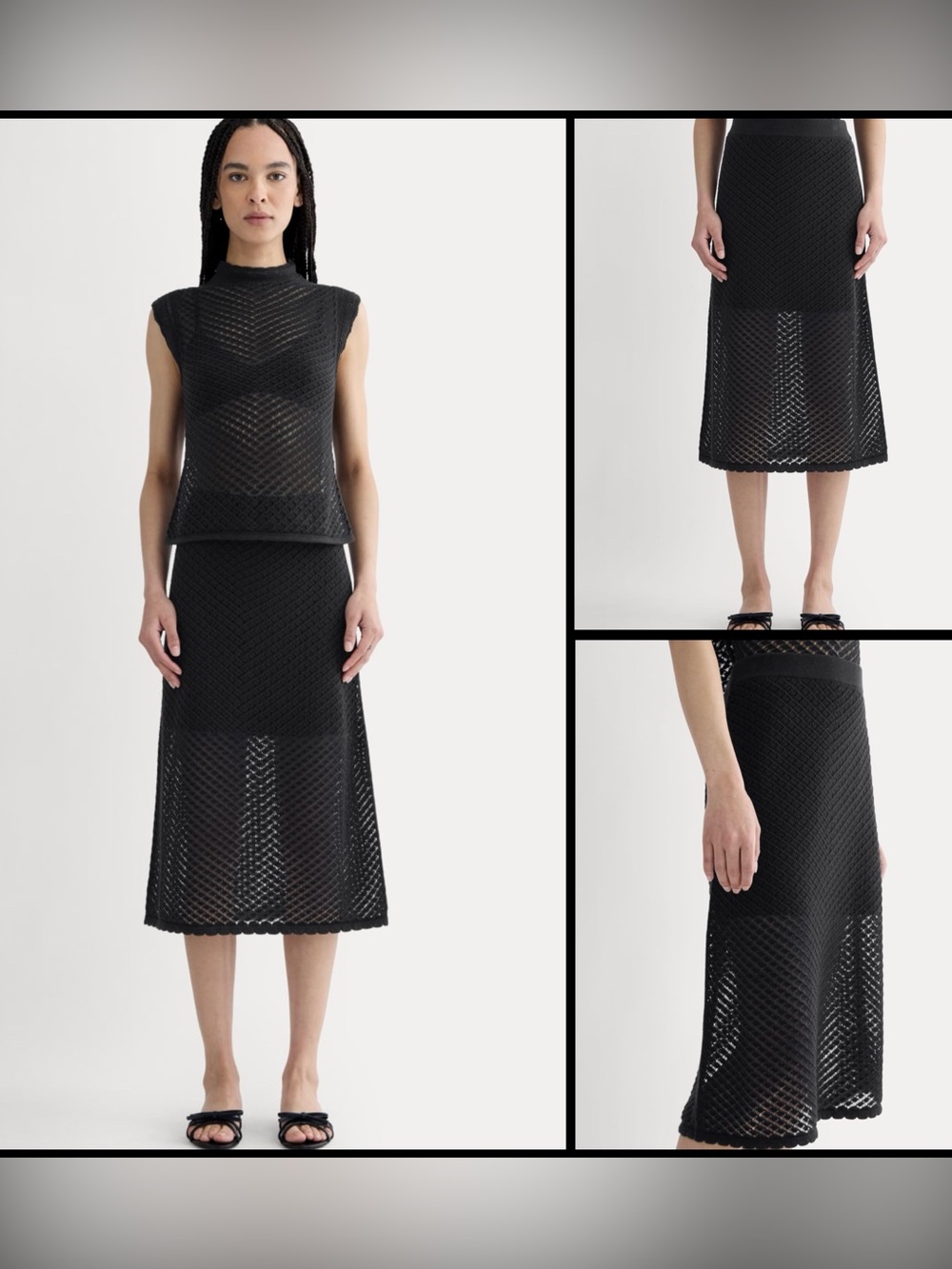 Everlane Semi Sheer Boho Crochet Open Knit Scallops Hem Midi Skirt Wash Black L